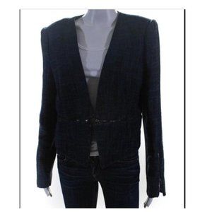 BCBGMAXAZRIA Tweed Short V Neck Waist Zip Blazer Navy Large